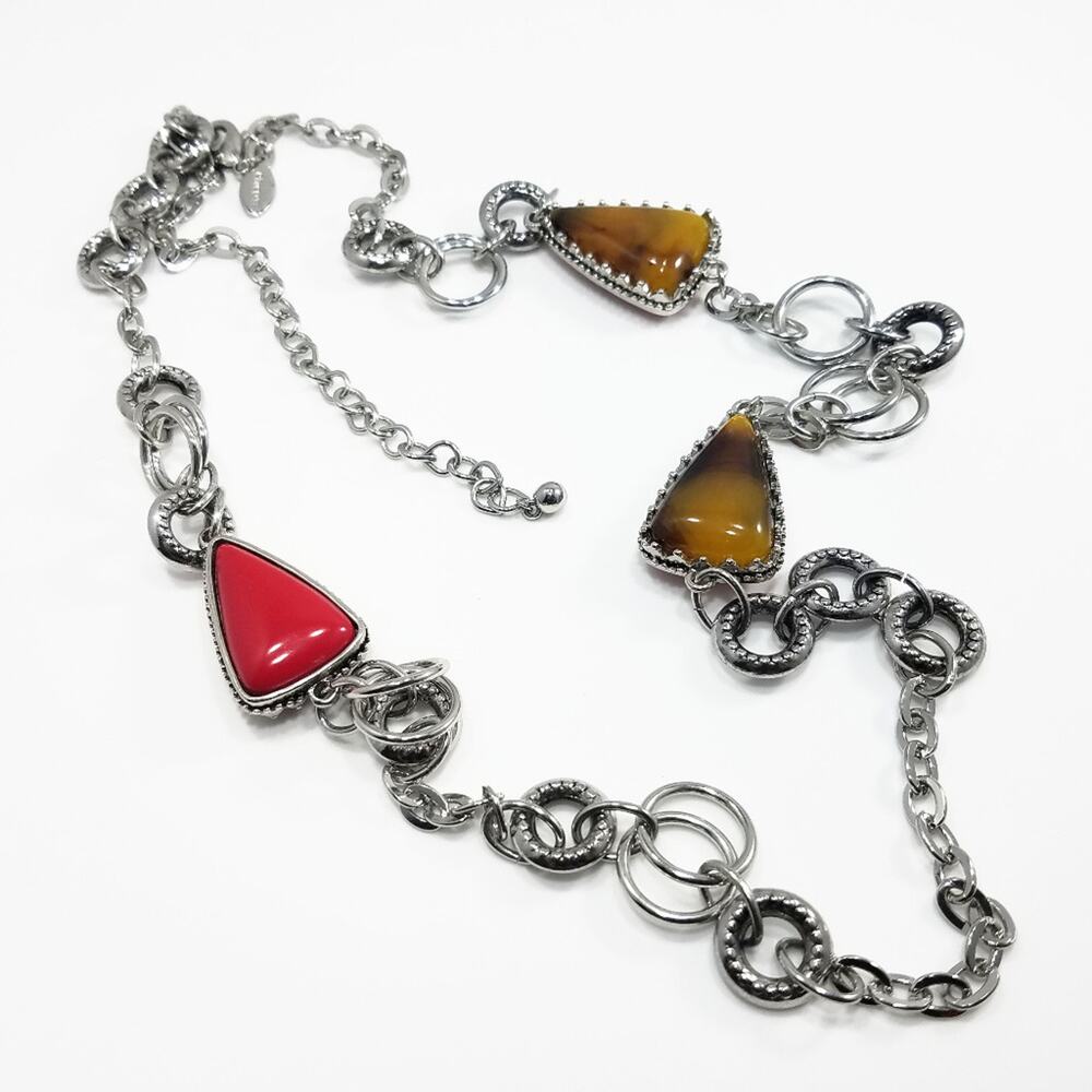 Chico's Reversible Red To Brown Silver Necklace, Red Cabochons, Brown Cabochons